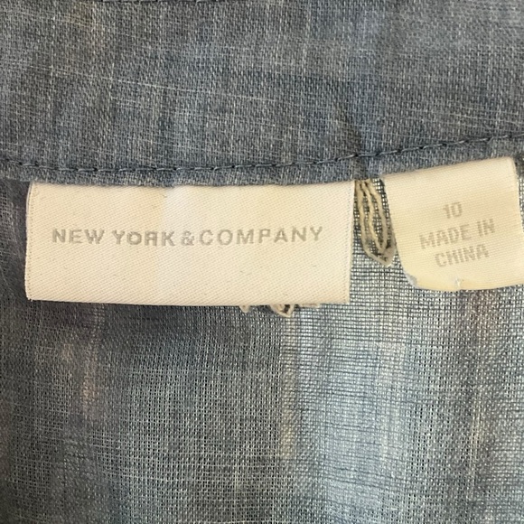 New York & Company Embroidered Floral Gauzy Denim Blue and White Dress - Picture 13 of 14